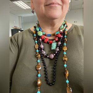 Semiprecious stone necklace bundle - turquoise, onyx, coral, tiger eye .925 SS